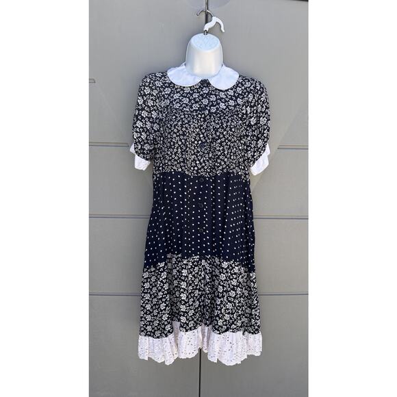 VTG Italian Cottagecore Dress, Floral & Polka Dot Patchwork w/ Eyelet Lace Hem S - Picture 1 of 8